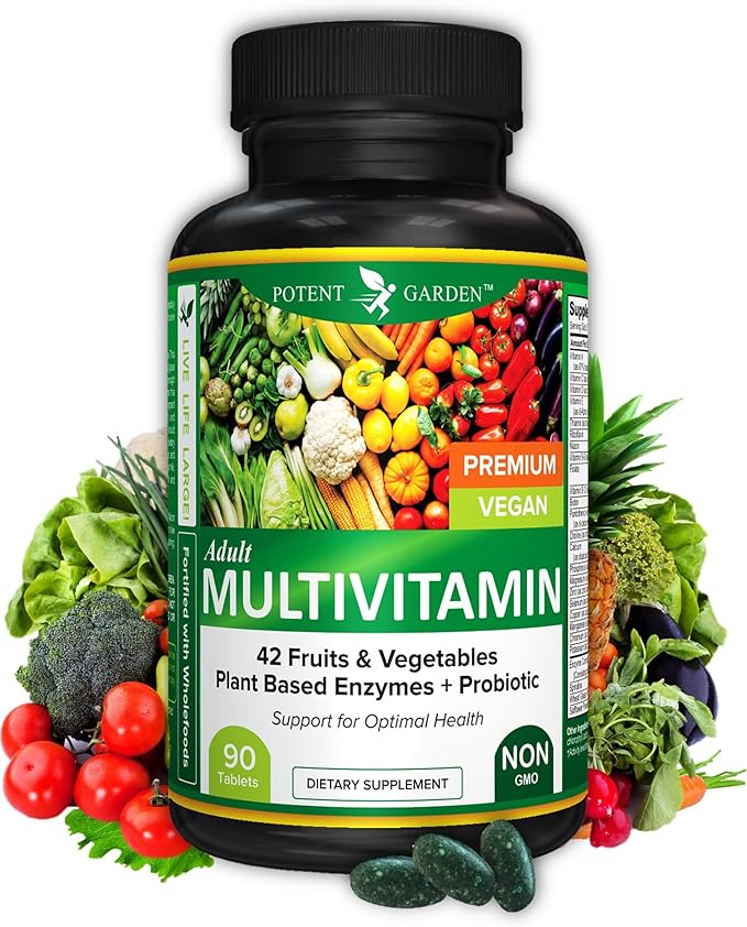 Potent Garden Multivitamin for Men &amp Women – 42 Fruits &amp Vegetables Probiotics &amp Enzymes Daily Whole Food Supplement for Energy Immune Support &amp Digestion Non-GMO 90 Tablets