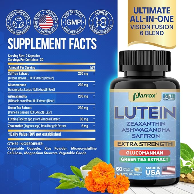 Lutein Supplement with Zeaxanthin Ashwagandha Saffron Green Tea Extract Glucomannan Eye Vitamins for Adults Vision Health Supplement Plant-Based Formula for Daily Support (2 Pack)