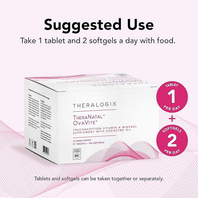 Theralogix TheraNatal OvaVite Preconception Vitamins - 13-Week Supply - Prenatal Vitamins &amp Fertility Supplement for Women with CoQ10* - NSF Certified - 91 Tabs 182 Softgels (91 Servings)