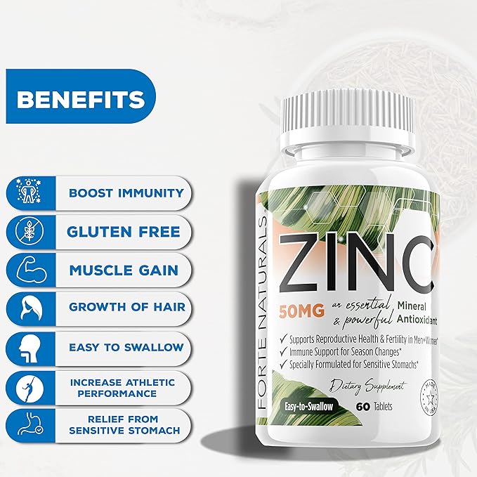 Zinc 50mg (100 Tablets) Specially Formulated for Sensitive Stomach Immune Support Skin &amp Hair Vegan Zinc Supplement Non-GMO Made in USA