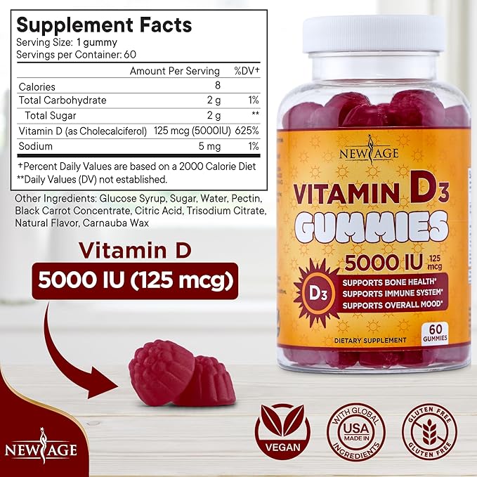 NEW AGE Vitamin D3 5000 IU 125mcg Gummies - Immune Supplement - Non-GMO Gluten-Free Dairy-Free No Gelatin (60 Gummies (Pack of 1))