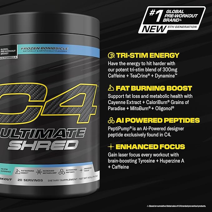 Cellucor C4 Ultimate Shred Pre Workout Powder Metabolism Supplement with Cayenne Extract+300mg Caffeine+TeaCrine+Dynamine - Frozen Bombsicle 20 Servings