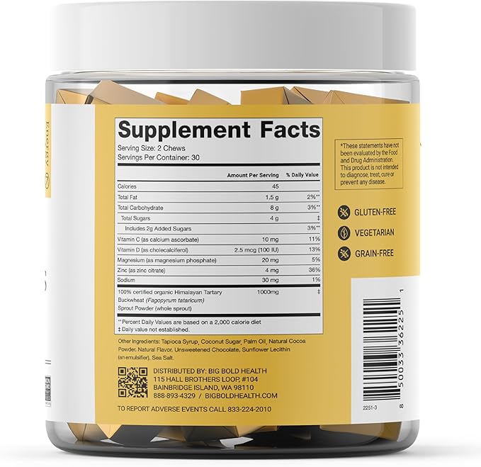 BIG BOLD HEALTH HTB Immunity Chews – Organic Himalayan Tartary Buckwheat Supplement to Support Natural Energy &amp Immune Function - Chocolate Flavor with Zinc Magnesium &amp Vitamins (60 Chews)