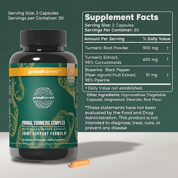 Primal Harvest 1 Pack Primal Turmeric Complex w/Black Pepper Extract Joint and Mobility Support Turmeric Supplement for Women &amp Men 60 Capsules
