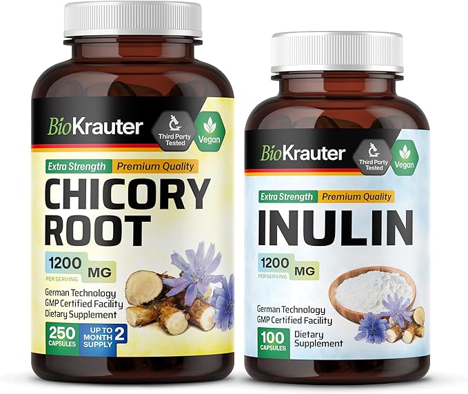 BIO KRAUTER Chicory Root 250 Capsules &amp Inulin 100 Capsules.