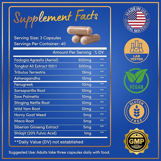 Fadogia Agrestis and Tongkat Ali Supplement - Fadogia Agrestis 600mg 500mg Longjack Tongkat Ali for Men Maca Root Fenugreek Ashwagandha Saw Palmetto to Support Energy Stamina Vitality - 120Caps