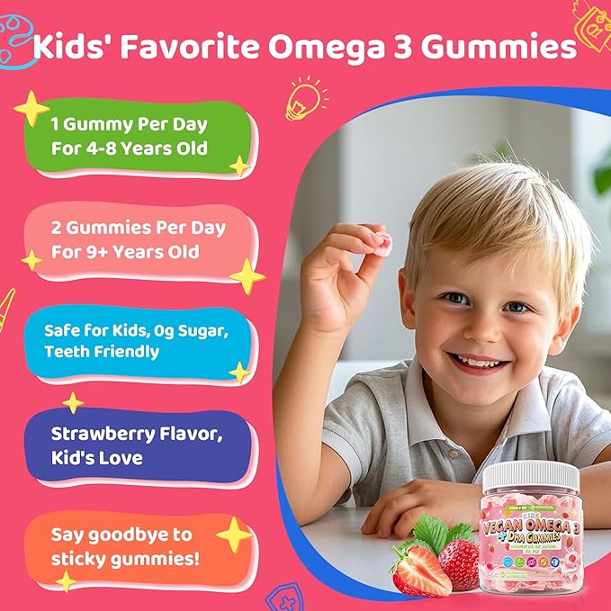 Kids Omega 3 DHA Gummies w/Vitamins D3 K2 C B6 Methyl B12 Luetin &amp PS No Fish Burps No Sugar Brain Eye &amp Immune Support Plant-Based Omega-3 from Algae Vegan DHA for Toddlers Childre
