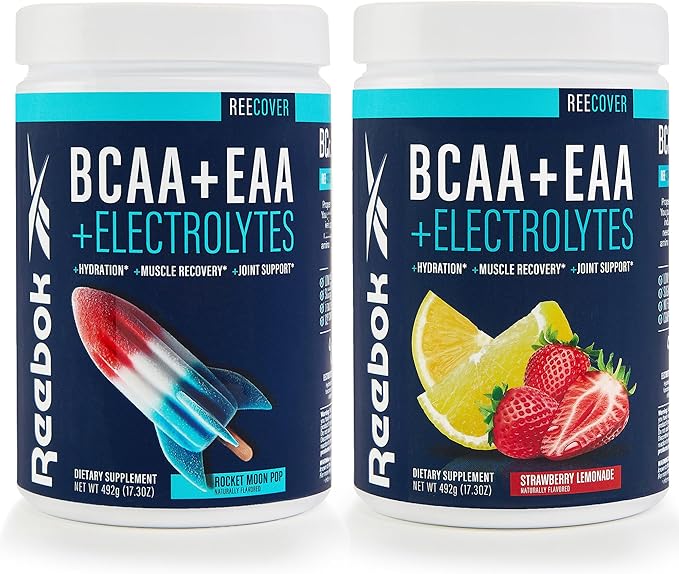 Reebok REEcover Amino Acids + Electrolytes Bundle | 8g EAAs 5g BCAAs Hydration Matrix | Post-Workout Support | 30 Servings | Rocket Moon Pop + Strawberry Lemonade