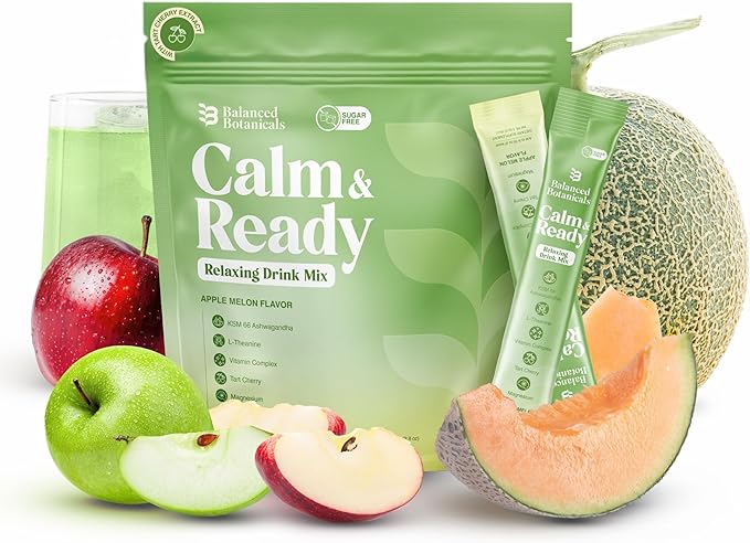 Calm and Ready Powder Drink Mix with Magnesium Glycinate Ashwagandha KSM 66 L Theanine and Tart Cherry Relaxation Support Supplement Apple Melon 20 Travel Packets