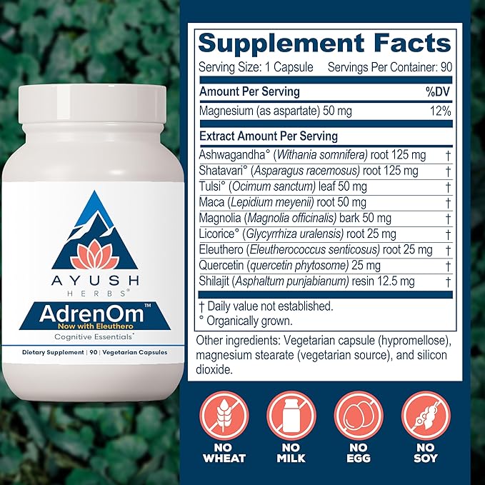 Ayush Herbs AdrenOm - Ayurvedic Adrenal and Stress-Support Supplement for Women &amp Men Ashwagandha &amp Eleuthero to Support Adrenal Balance Cognitive Function &amp Calm - 90 Vegetarian Capsule
