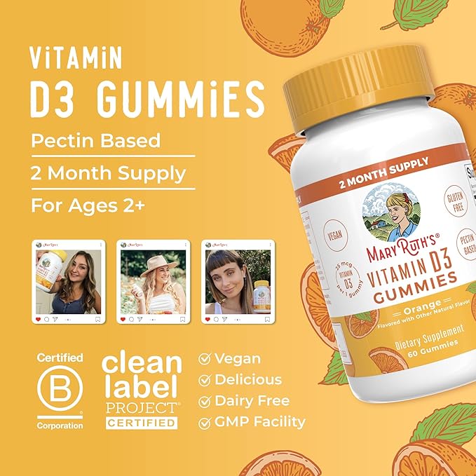 MARYRUTH'S Vitamin D3 Gummies | 2 Month Supply | Adults &amp Kids Vitamin D Gummy | Immune Support Supplement | VIT D3 1000IU for Bone Health&ampMuscle Function | Vegan | Non-GMO | Gluten Free | 60
