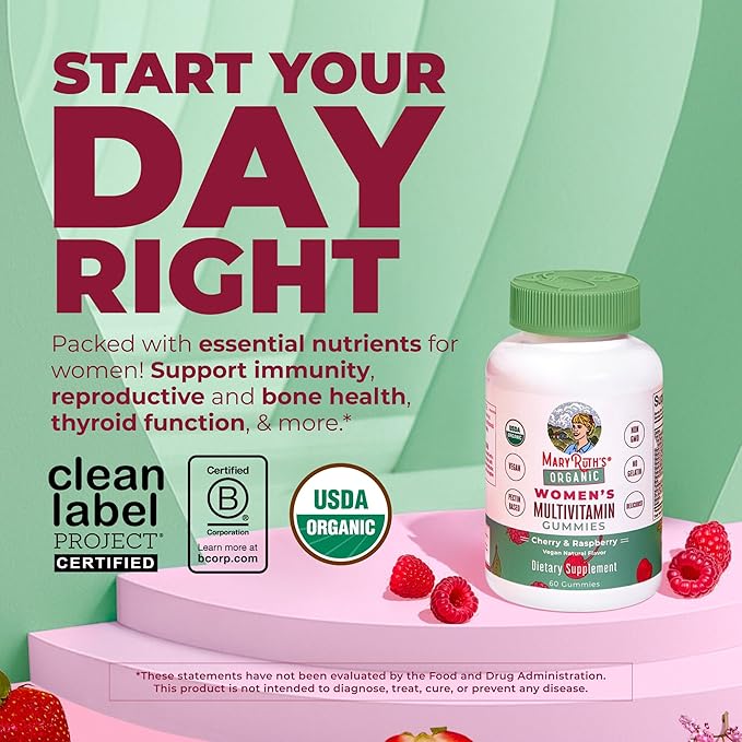 MARYRUTH'S Multivitamin Gummies for Women Ages 14+ | Immune Support | Hair &amp Skin Health | Reproductive Health | Vitamin A C D E B6 B12 Biotin Zinc Iodine | Organic | Vegan | Non-GMO | 60 Count