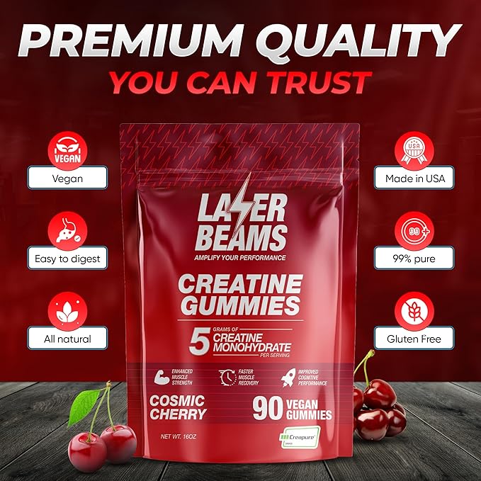 Creatine Monohydrate Gummies for Women &amp Men - 5g Creapure Creatine per Serving - Vegan Cosmic Cherry Flavor - Boost Muscle Strength Endurance Recovery &amp Mental Focus (90 Gummies)