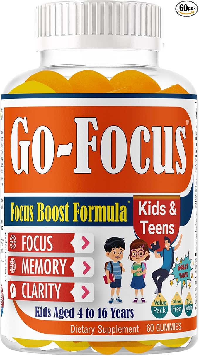 BrightKids Brain Supplements for Memory and Focus Omega 3 &amp DHA Focus Gummies for Kids Memory Booster Focus Supplement for Kids &amp Teens- Low-Sugar Natural Fruit Flavor 60 Gummies