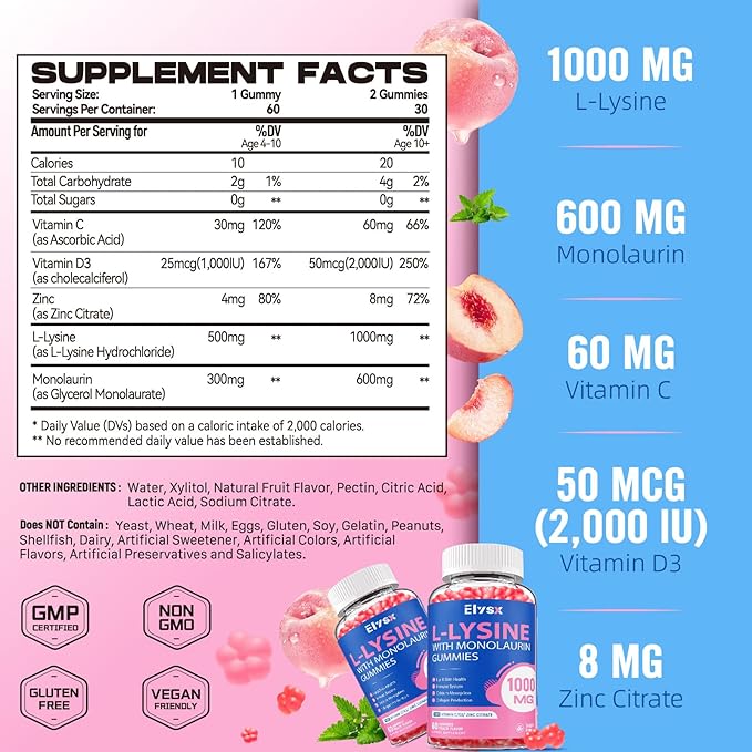 Lysine Monolaurin &amp Liposomal Magnesium Glycinate Gummies Lip &amp Oral Health Immune Muscle &amp Relax