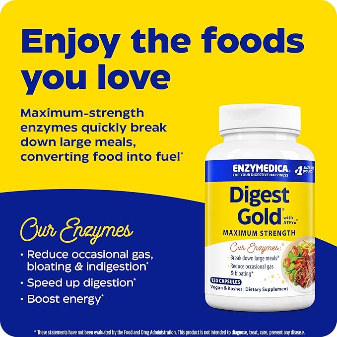 Enzymedica Digest Gold + ATPro Maximum Strength Enzyme Formula 14 Key Enzymes Including Amylase Protease Lipase and Lactase 120 Capsules