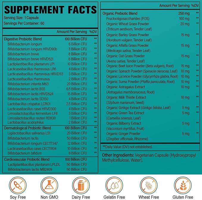 Probiotics for Women &amp Men - 300 Billion CFU 24 Strains Probiotic + 15 Organic Herbs Prebiotics Blend for Overall Digestive Gut Health Immune Constipation &amp Bloating Shelf Stable - 2 Mont
