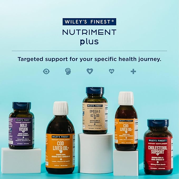 Wiley's Finest Wild Alaskan Fish Oil Vitamin K2 &amp D3 Softgels - 500mg of EPA and DHA Omega-3s for Bone and Heart Health Support - 120 Softgels (120 Servings)