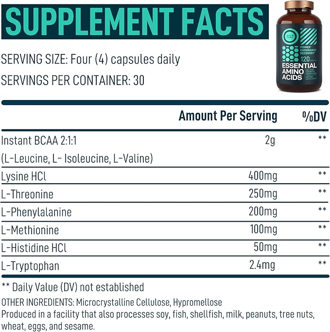 WILD FUEL Essential Amino Acid Complex - Lysine Isoleucine Valine Leucine - All 9 Branch Chain Amino Acids Supplement for Power and Recovery for Women And Men - 60-days Supply 240 Vegan BCAA Pills
