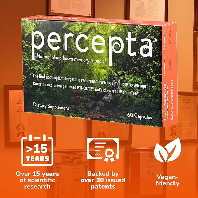 Percepta Plant-Based Memory Support - Natural Nootropic Brain Booster - Memory Focus Concentration - 30 Day Supply