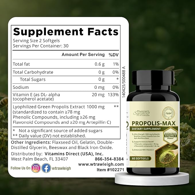 Rawleigh Propolis Max: 60 Vegetarian Softgels - Brazilian Green Propolis with Phenolic Flavonoid &amp Artepillin C Compounds &amp Vitamin E - Supports Immunity Wellness