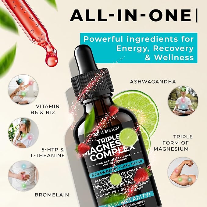 Triple Magnesium Complex Liquid Drops - High Absorption Magnesium Glycinate Supplement L-Threonate Taurate 500mg - Ashwagandha L-Theanine 5-HTP Vitamins B6 B12-2 Pack