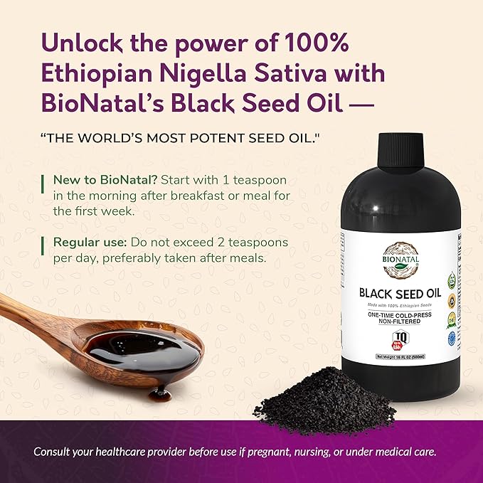 BioNatal Ethiopian Black Seed Oil 16oz PET/Plastic Bottle – Cold Pressed Nigella Sativa Black Cumin Seed Oil Unrefined &amp Non-Filtered High TQ Up to 4.64% – Supports Immune System Digestive