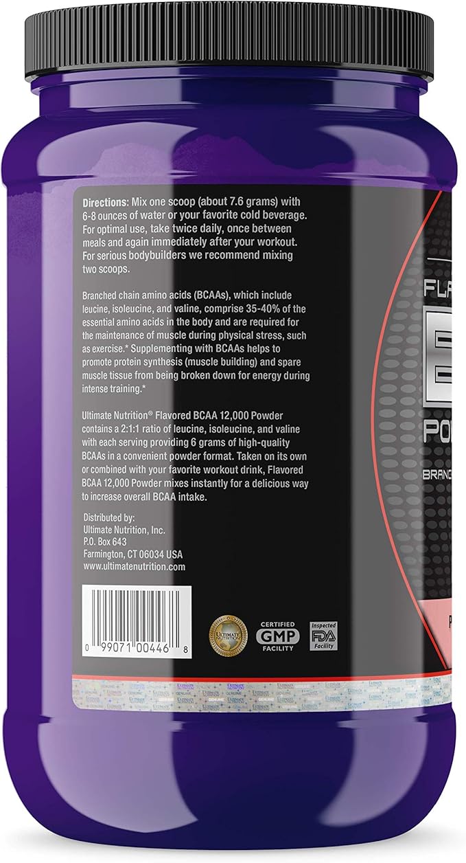 Ultimate Nutrition Flavored BCAA Powder 12000 Post Workout Recovery Drink Amino Acid with Leucine Valine and Isoleucine-Pink Lemonade 60 Servings