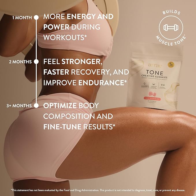 Arrae Tone Gummies – Creatine Monohydrate 5g for Women – Support Lean Muscle Strength &amp Recovery – Sour Watermelon – 60 Count