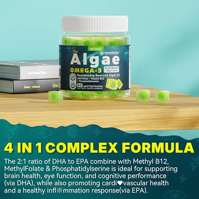 2 Pack Algae Omega 3 Gummies 1000mg Plant Based DHA 460mg &amp EPA 230mg Omega 3 Fish Oil Alternative for Adults Plus MethylFolate Vitamin B12 Phosphatidylserine No Fishy Taste Vegan Sugar Fr