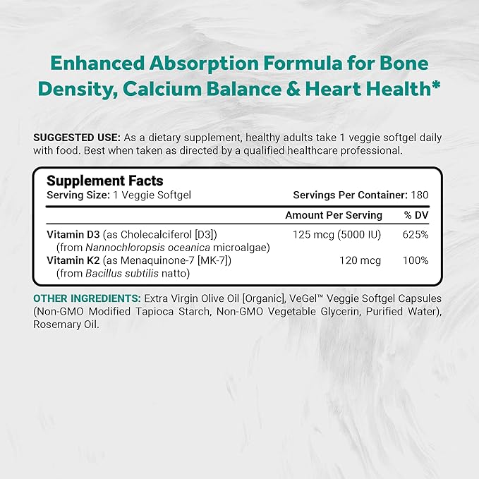 Naturalis Vegan Vitamin D3+K2 from Algae | 5000 IU D3 with 120mcg MK7 | Vegan Society CertifiedSustainably SourcedBetter Than Animal Derived | Better Support for Bone &amp Immune Health* | 180 Soft