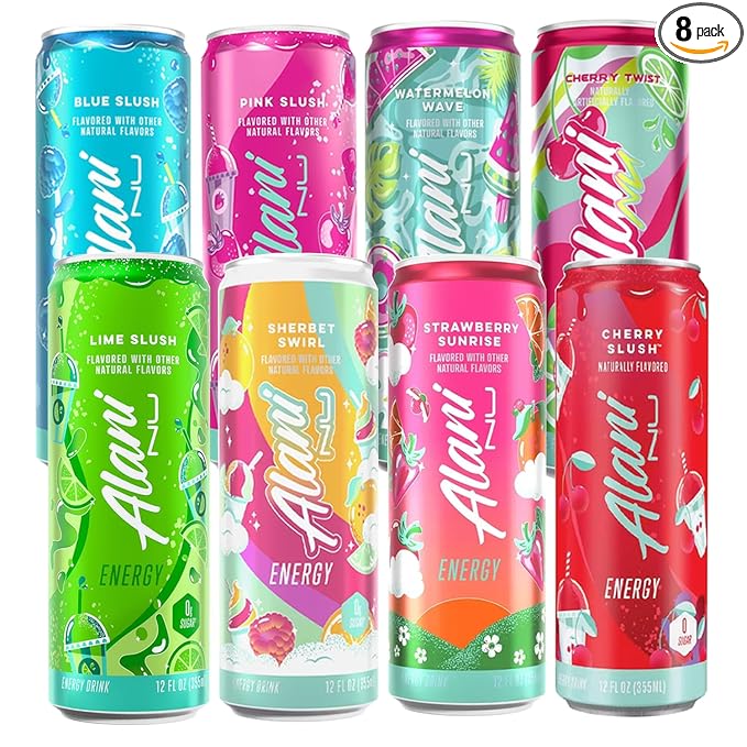 Alani Energy Drink Variety Pack – Sugar Free Low Calorie Energy Drinks – Assorted Flavors (Lime Slush Sherbet Swirl Strawberry Sunrise Cherry Slush Blue Slush Pink Slush Watermelon Wave Cherry