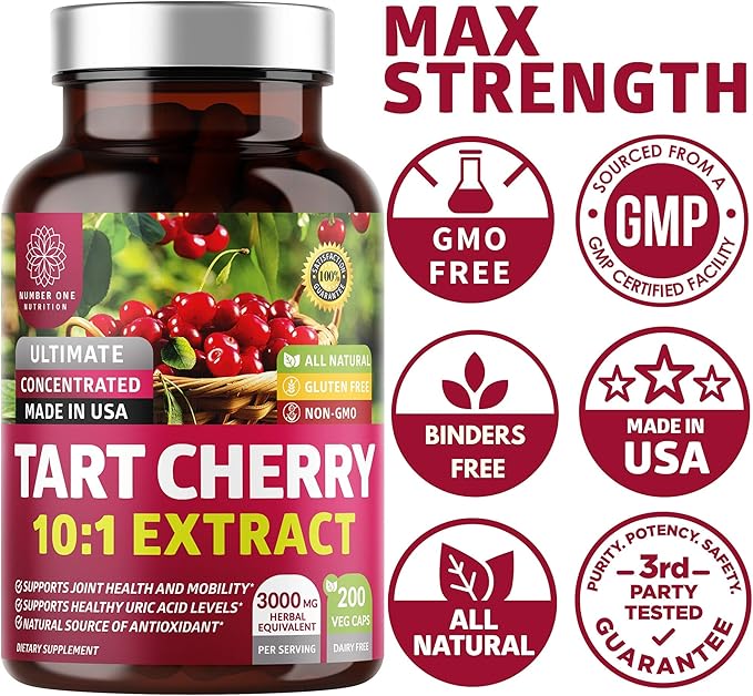 N1N Premium Tart Cherry Extract Capsules 200 Veg Caps 3000 mg Powerful Antioxidant Joint Health and Mobility Non-GMO Gluten Free 200 Veggie Caps