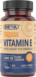 DEVA Vegan Vitamins Natural Vitamin E 400IU with Mixed Tocopherols Supports Immune System &amp Skin Nutrition Natural Antioxidant &amp Gluten Free Dairy Free Non-GMO 90 Capsules