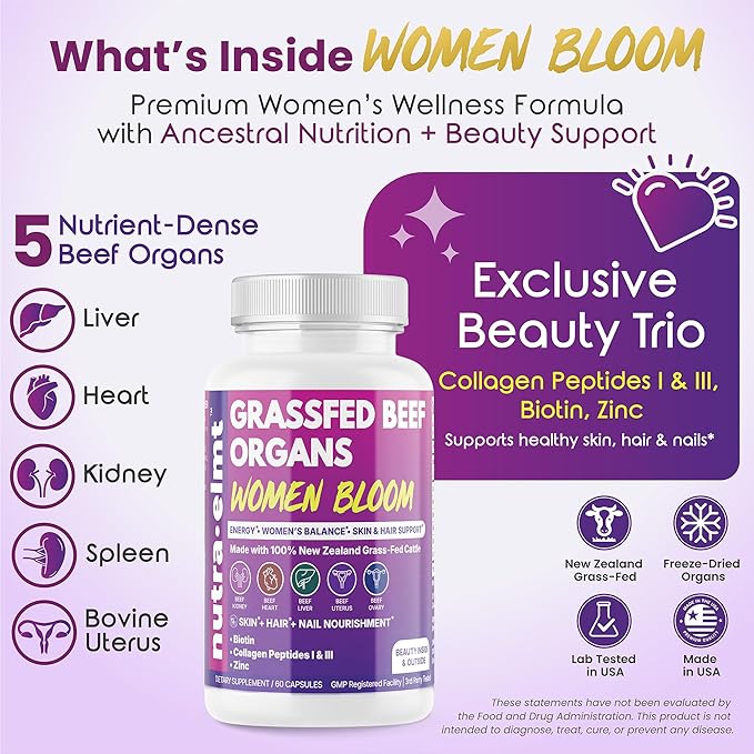 Beef Organ Supplement for Women (Made in USA) Enhanced w Biotin Collagen Peptides &amp Zinc - 5 Organ Blend Grass Fed Uterus Ovary Liver Kidney Heart – New Zealand Sourced – 60 Capsules