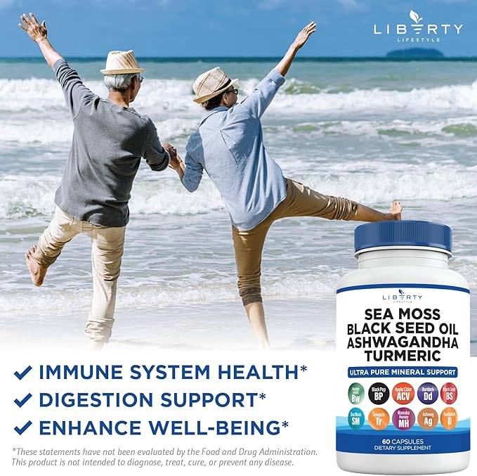 Sea Moss Black Seed Oil Ashwagandha Turmeric Bladderwrack Burdock - with Manuka Honey Dandelion ACV Black Pepper Gluten Free - 2-Pack