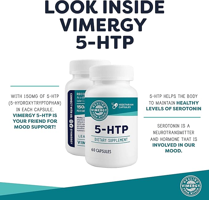 Vimergy 5-HTP Capsules– Clean Formula Supporting a Healthy Mood Better Sleep and May Enhance Serotonin Levels.* Kosher and Vegan. – (60 ct.)