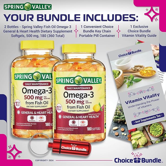 Choice Bundle Spring Valley Fish Oil Omega 3 Fatty Acid Supplement Lemon Softgels 500 mg 180 Ct 2 pk (360 Total) + Vitamin Guide and Pill Container (4 Items)!