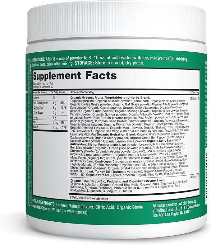Zena Nutrition Organic Super Greens Powder 70+ Superfoods 0 Sugar 3G Fiber Spirulina Chlorella Antioxidants Prebiotics/Probiotics Digestive Enzymes Mixed Berry 30 Servings