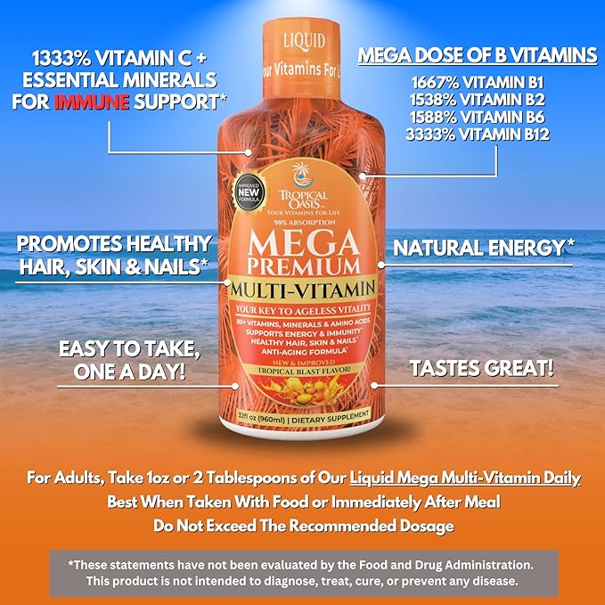 Mega Premium Liquid Multivitamin | Natural Immune Support Vitamin w/ 1333% Vitamin C 200% D3 Zinc + 20 Vitamins 70 Minerals &amp 21 Amino Acids | Sugar Free | Orange Flavor | 98% Absorption | 32