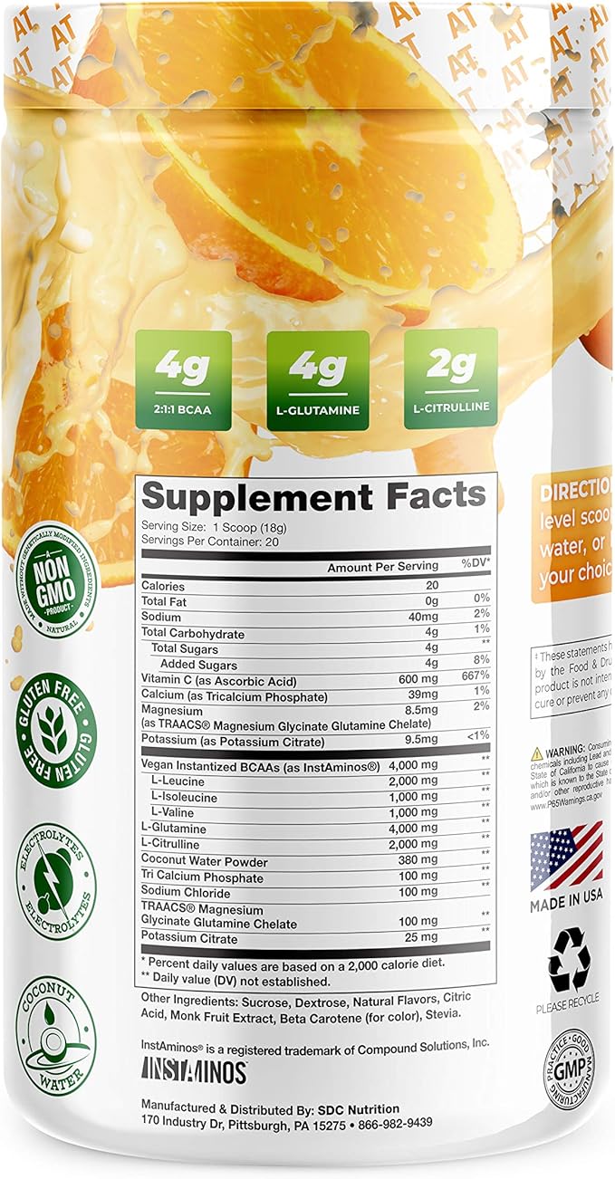 About Time BCAA Hydration Powder Orange Cream with L-Glutamine &amp Electrolytes Non-GMO Gluten Free Monk Fruit Coconut Water 20 Servings