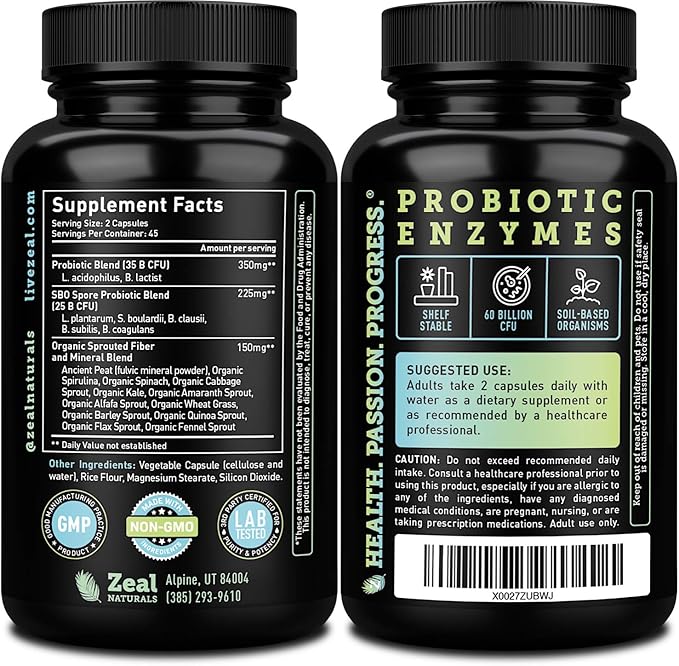 Probiotics and Prebiotics + SBO Probiotics (60 Billion CFU | 90 Capsules) Acidophilus Probiotic w. Saccharomyces Boulardii Bifidobacterium + Spore Probiotic &amp Organic Sprouted Prebiotic Fiber Ble