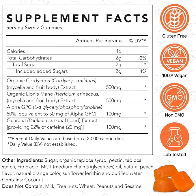 Life Cykel - AM Energy and Focus Mushroom Gummies 60 Count - Organic Lion's Mane Gummies with Cordyceps Guarana &amp Alpha GPC for Mental Clarity Natural Energy Endurance &amp Focus - Lemon Peac