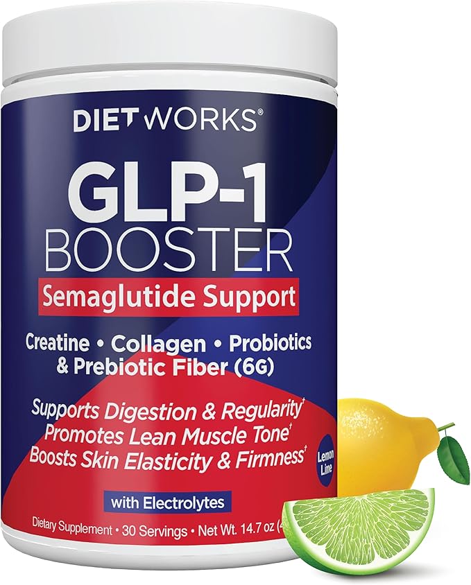 DietWorks GLP-1 Booster – Daily Companion Drink Mix with 6g Prebiotic Fiber Probiotics Collagen &amp Creatine – Supports Gut Health Hydration Energy &amp Wellness – Lemon Lime Flavor 30 Serving