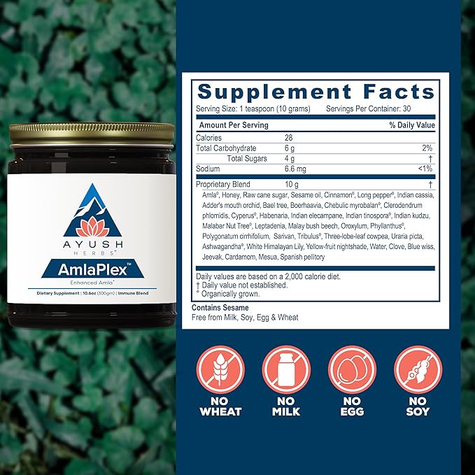 Ayush Herbs AmlaPlex - Amla Jam Chyawanprash for Immune Support &amp Digestive Health Chyavanprash Indian Honey Jam with Amla Ashwagandha - 10.6 oz Jar (1 Count)