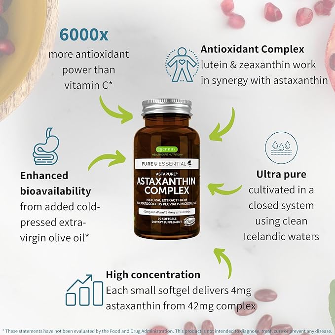 Igennus Vegan Astaxanthin 4mg Complex with Lutein and Zeaxanthin 90 Small Softgels from 42 mg Astapure Natural Algae Antioxidant for Eyes Skin &amp Joints Non-GMO H. Pluvialis