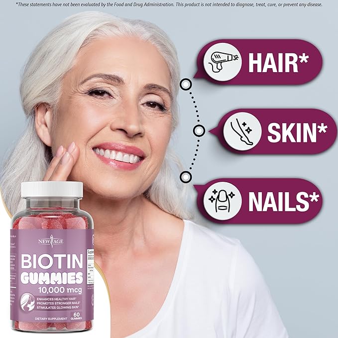 NEW AGE Biotin Gummies – Hair Skin &amp Nails Gummies – 10000 mcg - Non-GMO Supplement for Women Men - Made in USA -120 Count