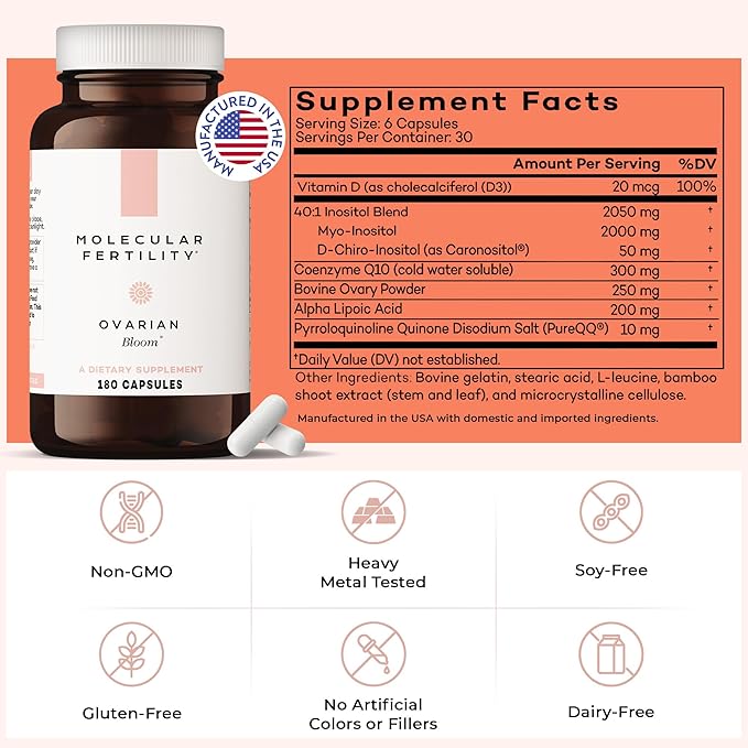 Ovarian Bloom - Doctor Formulated Fertility Supplement for Women - Hormone Balance Egg Cell Health Reproductive Wellness - 40:1 Myo-Inositol &amp D-Chiro Inositol - 30 Day Supply