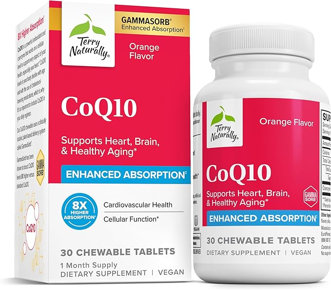 Terry Naturally CoQ10 Chewables - Cellular Energy Support Supplement - Higher Absorption CoQ10 Chewable Supplement - Nutritional Supplement to Aid Healthy Aging &amp Brain Health - 30 Chewables