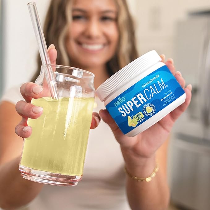 Nello Supercalm Powdered Drink Mix Tub Cortisol Reducer* and Sleep Aid Supplement L Theanine Ksm-66 Ashwagandha Magnesium Glycinate Vitamin D 3 No Sugar Non GMO On The Go 30 Ct Lemon Lime